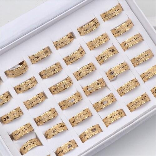 Wholesale 20pcs/lot Fashion ECG Heartbeat Stainless Steel Couple Love Rings For Women Men Gold Silver Color Wedding Jewelry