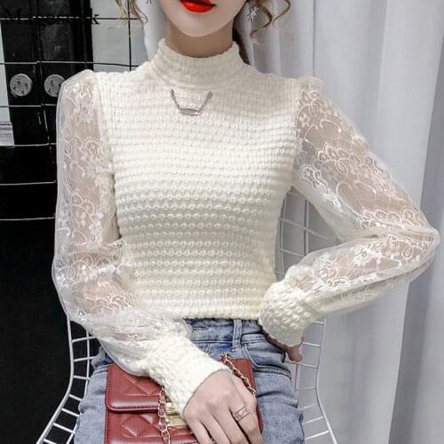 Autumn Lace Knitted Bottomed Womens Blouse Long Sleeve Stand Collar Shirts Lace Patchwork Crochet Women Top Winter Blusas 16001