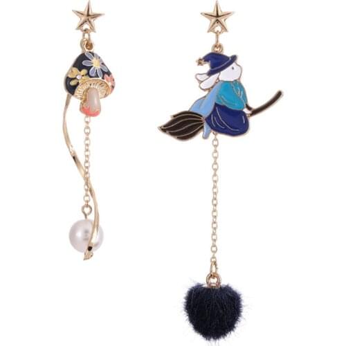 S925 silver needle cute childlike magic witch earrings autumn and winter hair ball asymmetric earrings long girl earrings