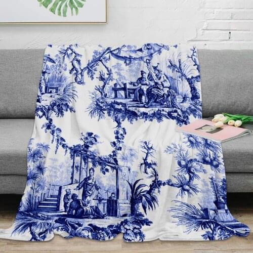 Throw Blanket Blue Chinoiserie Toile Throw Blanket Warm Microfiber Blanket Flannel Blanket For Bedroom