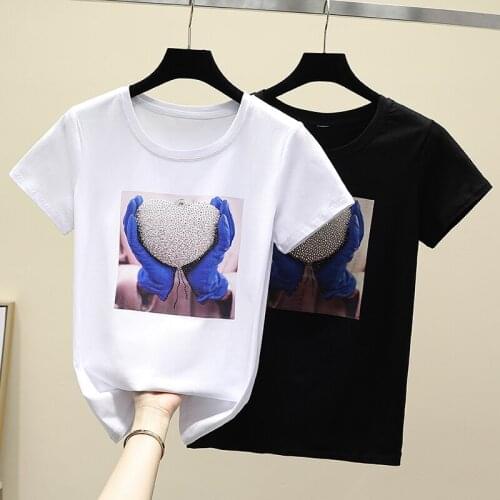 Gkfnmt Summer Short Sleeve Diamond Female T-shirt White Tshirt Women Tops Cotton Fashion Black Tee Shirt Femme