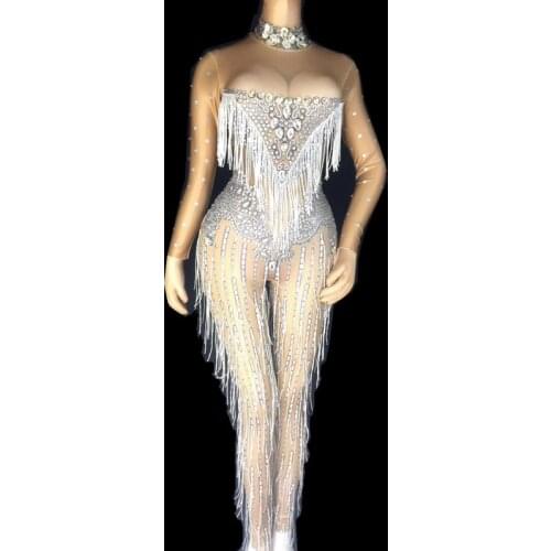 Women Rhinestone Tassels Embroidery Perspective Gauze Jumpsuits Female Sexy Slim Pole Dance Costumes Women Stretch Stage Clothes