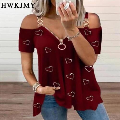 Women Fashion Summer Casual Off Shoulder Short Sleeved Tops Deep V-neck Zipper Blouses Ladies Loose Printing T-shirt XS - 8XL