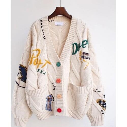 Autumn Winter Embroidery Women Cardigan Warm Knitted Sweater Jacket Pocket Fashion Outerwear Female Loose Clothes