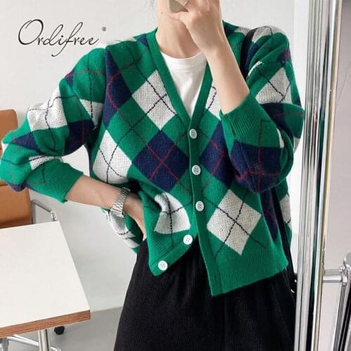 Ordifree 2021 Autumn Winter Women Plaid Knitted Cardigan Long Sleeve Vintage Print Female Sweater Cardgan Jumpers