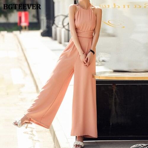 BGTEEVER Elegant Ladies Sleeveless Jumpsuits Rompers Slim Waist Loose Female Wide Leg Pants 2021 Summer Women Rompers