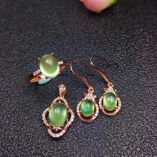 Natural prehnite ring Pendant earrings Natural Gemstone Jewelry Set 925 Silver Elegant fashion Flower Women party fine jewelry