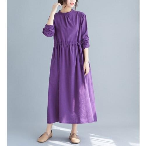 Johnature 2021 Spring Korean O-Neck Dresses Women New Casual Solid Color Loose Tie Female Dress