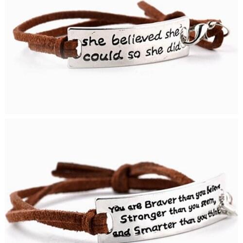 Zhijia you are braver than...smarter than you think brown Bracelets Simple Round Bangles Leather Letter Bracelet party gifts