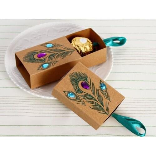 100pcs/lot 7.5*5*3cm Peacock Feather Candy Boxes Drawer Design Wedding Favors Faux Rhinestone Kraft Paper Gift Boxes