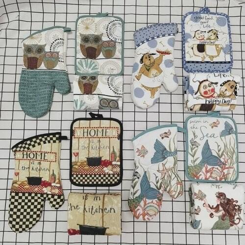 3 Pcs/set of Country Style Printing Anti-scalding Oven Hand Set Mat Towel Set Baking Microwave Oven Potholder Kitchen Tool