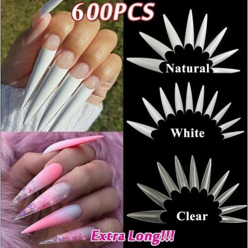 600pcs Long False Nail Tip Acrylic Coffin Shape Nail Half Cover Tip Manicure Art Accessory