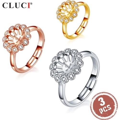 CLUCI 3pcs 925 Sterling Silver Flower Ring for Jewelry Adjustable Pearl Ring Mounting Silver 925 Zircon Women Rings SR2247SB