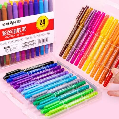Hero 887 Art Double-headed Colorful Oily Marker Pen 12/24 Colors Children Hand Painting Drawing Marker Pen Hook Line Pen CD Pen