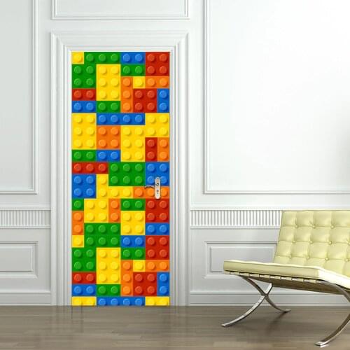 Door Sticker Building Module Childrens Lego 3D Pattern Wooden Door Renovation Self-adhesive Home Decor Door Sticker