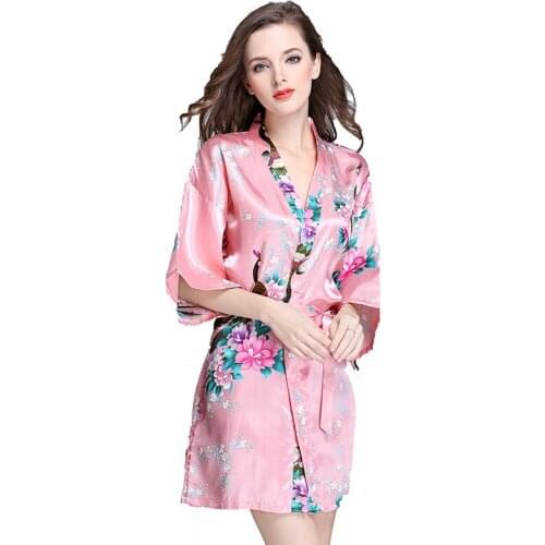 Night Pajama Women Wedding Robe Summer Sleeves V Neck Casual Kimono Peacock Flower Sleepwear Silk Home Bathrobe Female Pijama