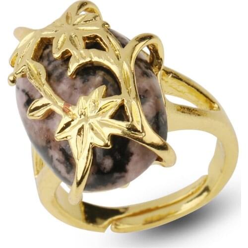 New Style 3pcs/lot Natural Stone Ring Gold Plated Flower Egg Shaped Cabochon Resizable Finger Rings for Women Fashion Jewelry