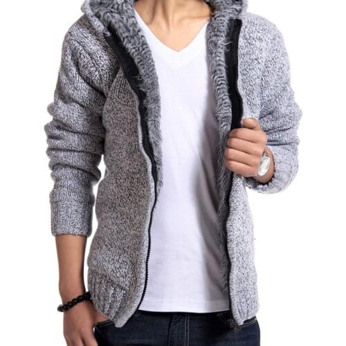 Autumn Winter Mens Thick Sweatercoat Knitted Zipper Sweater Cardigan Coat Hooded Fleece Cashmere Liner SweatersTurn-down Collar