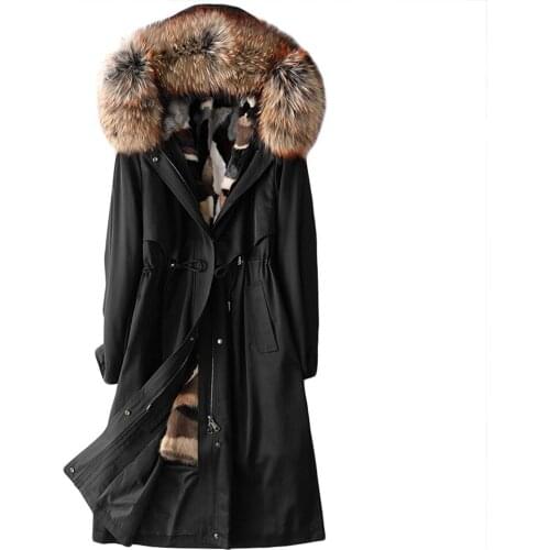 Womens Hooded Coat Mid-Length Mink Fur Liner Raccoon Sweater Collar Ladies Thick Warm Jacket Fashionable Commuting Casual Style