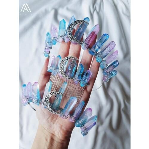 Wire Wrapped Stars Moon Crystal Crowns Blue Pink Natural Quartz Crystal Crowns Tiara Headband For Women Boho Party Hair Jewelry