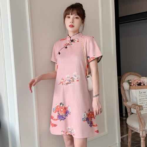 Plus Size M-4XL Peking Opera Print Pink Fashion Modern Cheongsam Dress for Women Short Sleeve Qipao Traditional Chinese Clothes