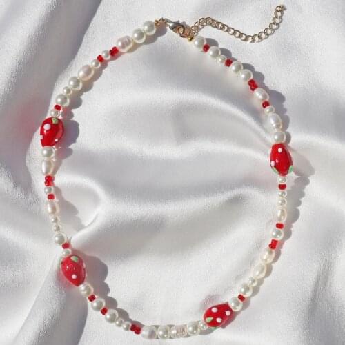 Luxury bphemian Millefiori Glass Beads Cute red strawberry beaded Fashion freshwater pearl chokers Necklace creative bijoux