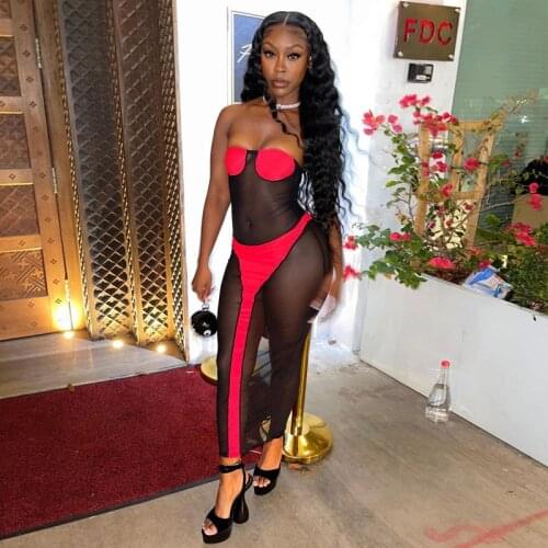 BKLD Mesh Patchwork Sheer Long Dress With Gloves 2021 Spring New Fashion Women Halter Neck Backless Bodycon Midnight Party Dress