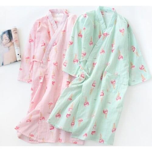 Spring/summer Ladies Pajamas Pure Cotton Gauze Nightgown Thin Soft Japanese Kimono Womens Robe Loose SPA Bathrobe Female Summer