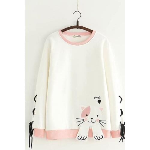 Japanese College Style Embroidery Cartoon Cat Long Sleeve Pullover Sweatshirt Female Harajuku New Student Cute Sweatshirt