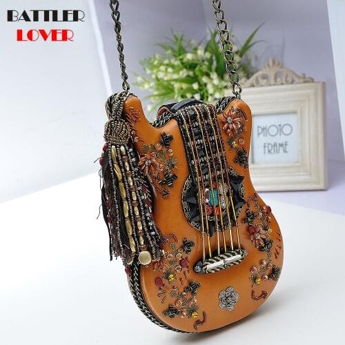 2019 new handbag handmade guitar modeling package retro beaded chain packet femme shoulder diagonal package womens crossbody bag
