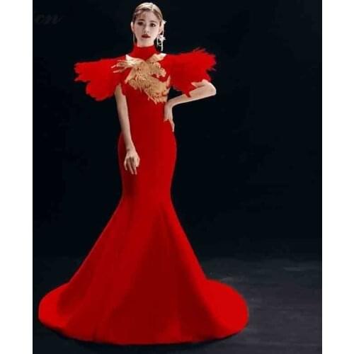 Red Fashion Embroidery Dragon Cheongsam Long Oriental Style Evening Dresses Women Modern Chinese Wedding Dress Robe Rouge Qi Pao