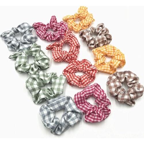 1pcs Good Quantity Gingham Scrunchies Cotton Plaid Bunny Ear Hair Scrunchies Ponytail Holder Women Elastic Hair Band Bracelet