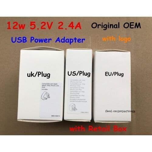 10pcs/lot original oem EU US UK plug 12W USB Power Adapter AC home Wall Charger 5.2v 2.4A Retail box with original logo