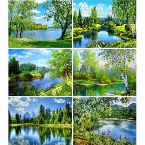 AZQSD Diamond Painting Landscape Picture Of Rhinestones Full Square Diamond Mosaic Embroidery Tree River Home Deocrtion