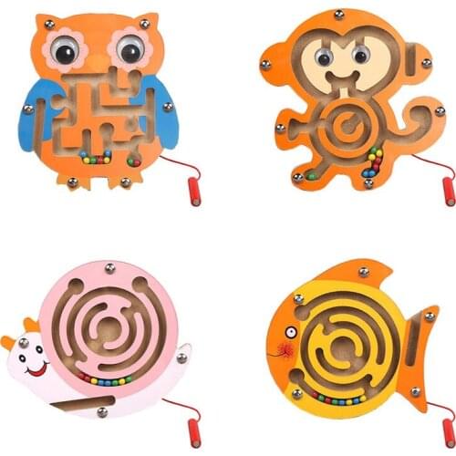 Children Wooden Magnetic Pen Maze Toy Kids Animal Track Game Puzzle Game Kids Early Educational Brain Teaser Wooden Toys