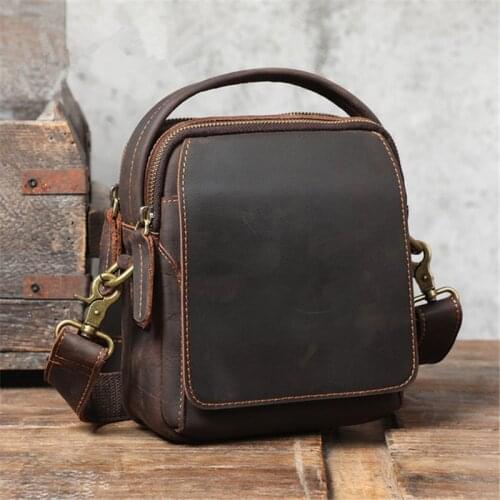 Simple casual crazy horse leather mens shoulder messenger mobile phone bag retro fashion designer natural real cowhide handbag
