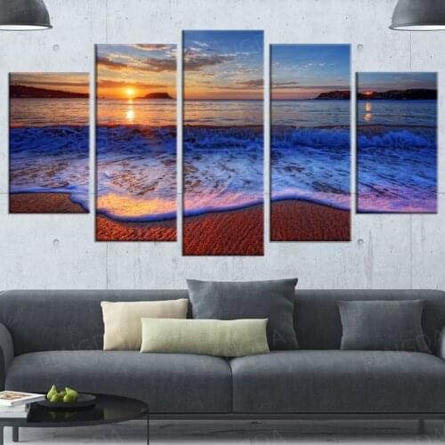 Home Decor Wall Art Sunset Sea Poster HD Prints 5 Panel Sandbeach Canvas Painting Modular Island Pictures Framework For Bedroom