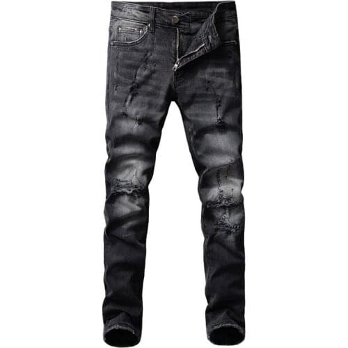 American Streetwear Fashion Men Jeans High Quality Retro Black Gray Slim Fit Ripped Jeans Men Designer Hip Hop Denim Punk Pants