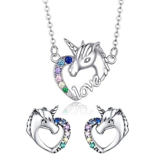 Trendy Design Lovely Colored Zircon Heart Shape Unicorn Necklace Earrings Set Jewelry