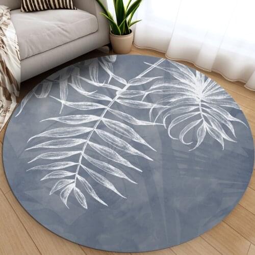 Nordic Blue Gray Round Carpet With White Leaves Simple Plant Printed Bedroom Rug Washable Mat Coffee Table Carpet Chair Mat