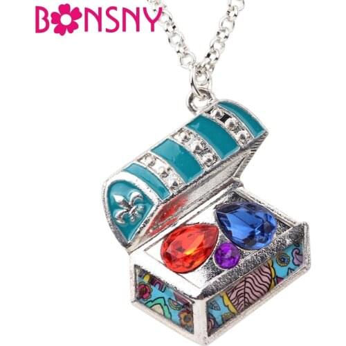 Bonsny Statement Maxi Enamel Crystal Treasure Box Necklace Pendants Chain Collar Ocean Collection Fashion Jewelry For Women