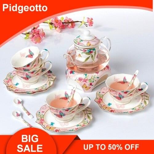 Fashion Butterfly Teapot Cup Set With Heating Base Elegant Bone China Heat Resistant Glass Teapot Afternoon Teaware Gift Box