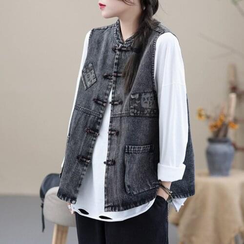NINI WONDERLAND 2021 Autumn Patchwork Denim Vintage Short Vest Women Sleeveless Loose Casual Coat Mori Girl Style Outerwear