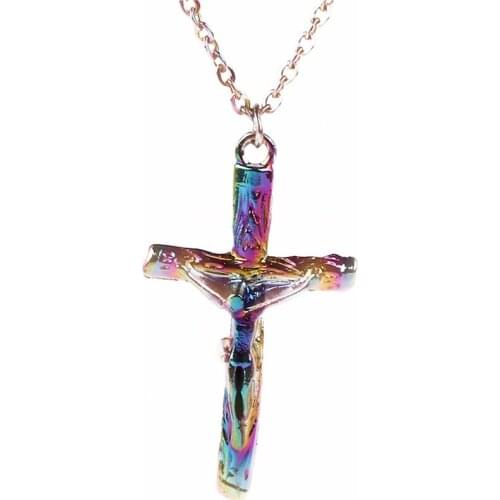 24002 New Simple Classic Rainbow Color Alloy Christian Cross Jesus Crucifix Necklace free Stainless Steel Chain for gifts