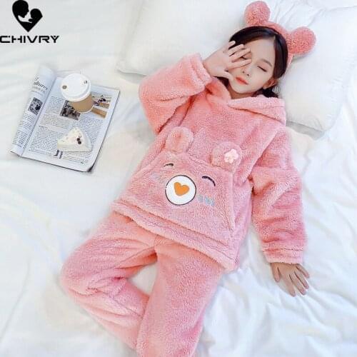 New Kids Flannel Pajama Sets Girls Autumn Winter Thicken Warm Home Wear Children Baby Hooded Long Sleeve Sleeping Clothing Sets