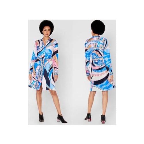 New Womens fashion print shirt elastic knitted jerseybule dress with belt