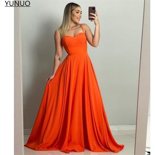 YUNUO Spaghetti Straps A Line Prom Dresses Orange Satin Custom Made robes de soirée Evening Gowns Zipper Back abendkleider