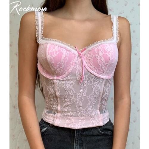 Rockmore Lace Patchwork Sleeveless Tank Crop Tops Tees Women Sexy Spaghetti Strap Top Summer Fashion Y2K Cami Camisole Party