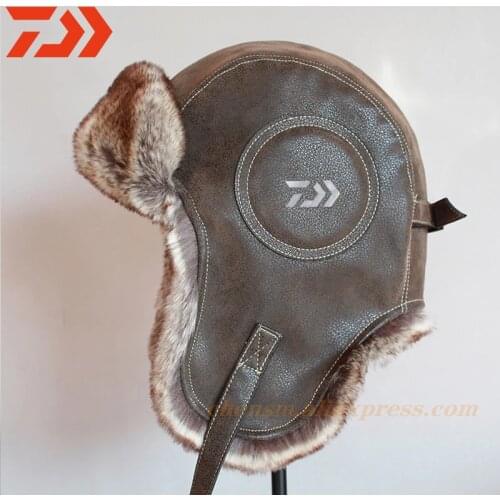 Daiwa 2021 Winter Outdoor Hat Men Womens Fishing Skiing Snowboarding Hat Faux Fur Leather Dawa Snow Cap Fleece with Ear Flaps