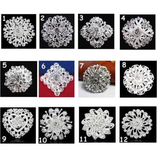 12 Designs Top Quality Bling Bling Austria Crystal Silver Color Flower Pin Broohes Wedding Women Brooch